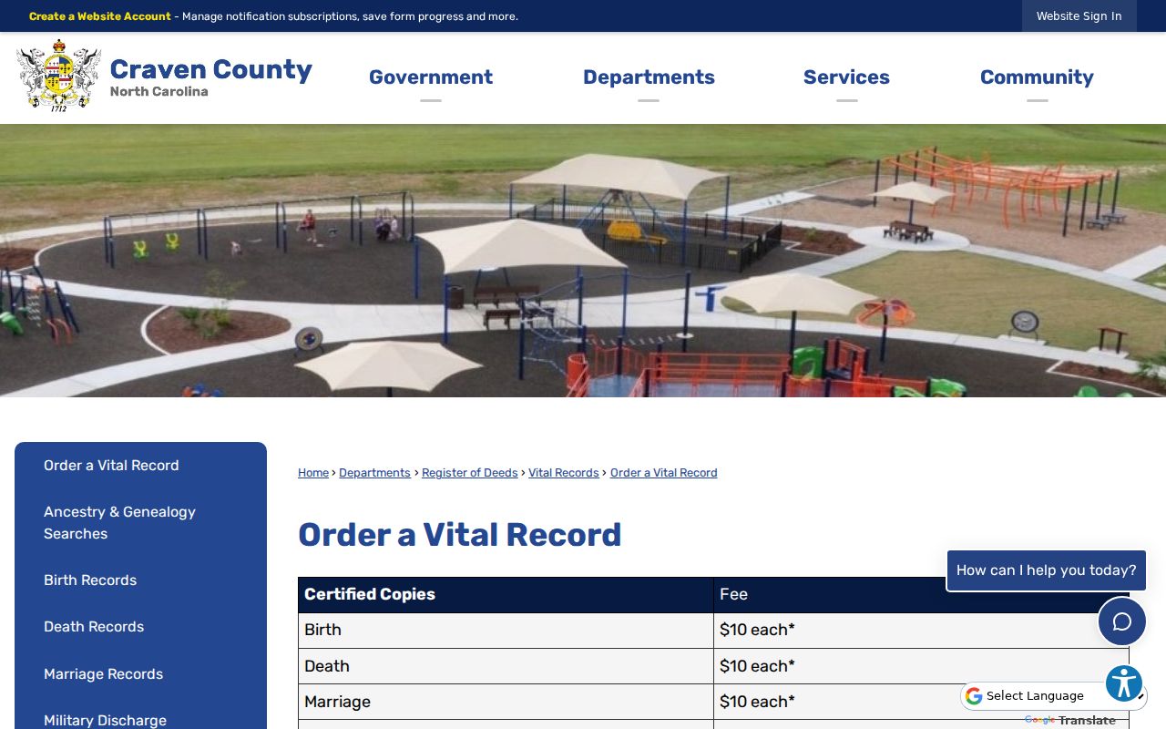 New Bern records vital-order options from Craven County